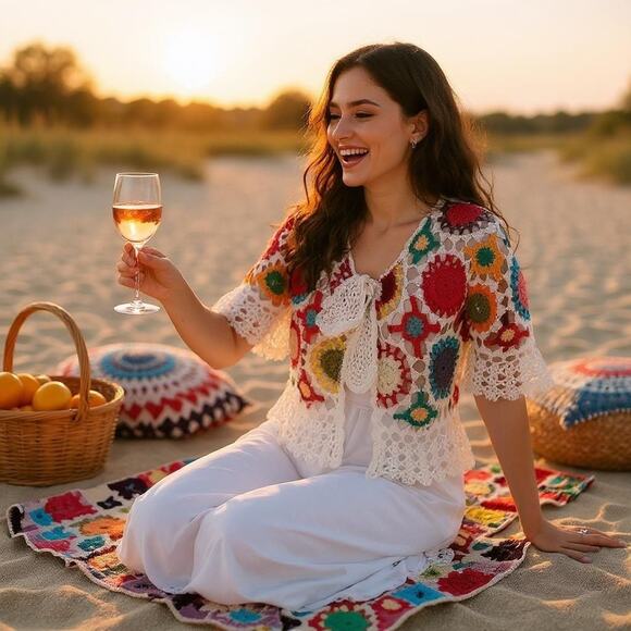 Crafty VTG Style Crochet Granny Flowers Crop Cardigan SM Multi Festival - Picture 2 of 16